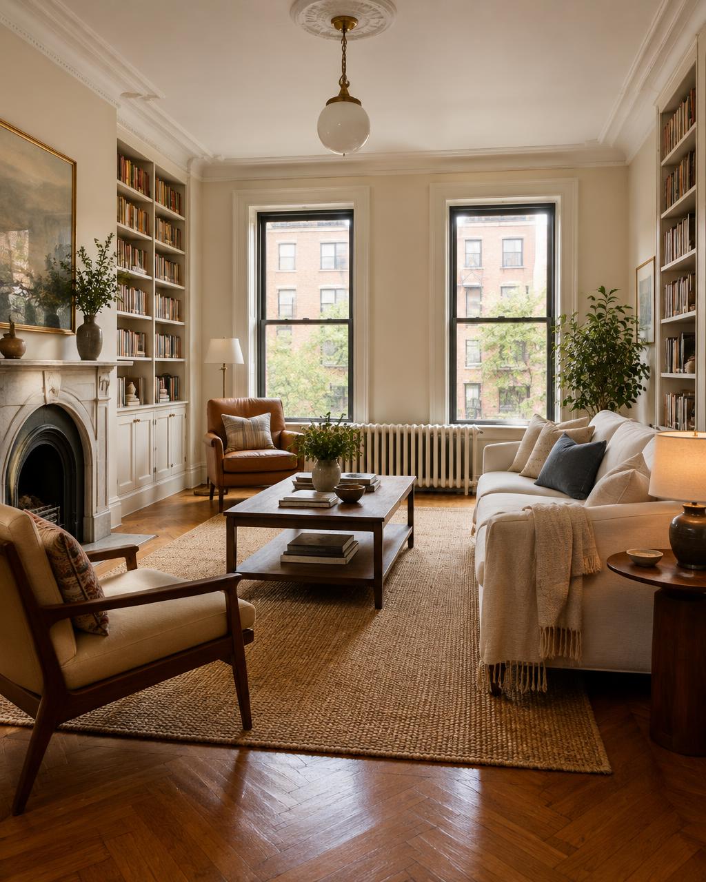 Prewar New York living room with hardwood floors and tall windows, staged for sale